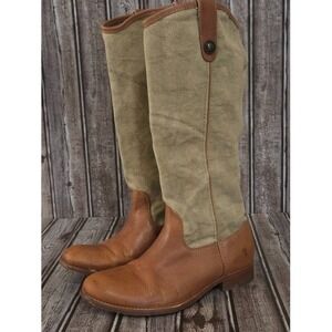 Sz 8.5 B Frye Melissa Button Brown Leather/ Canvas Pull On Tall Riding Boots